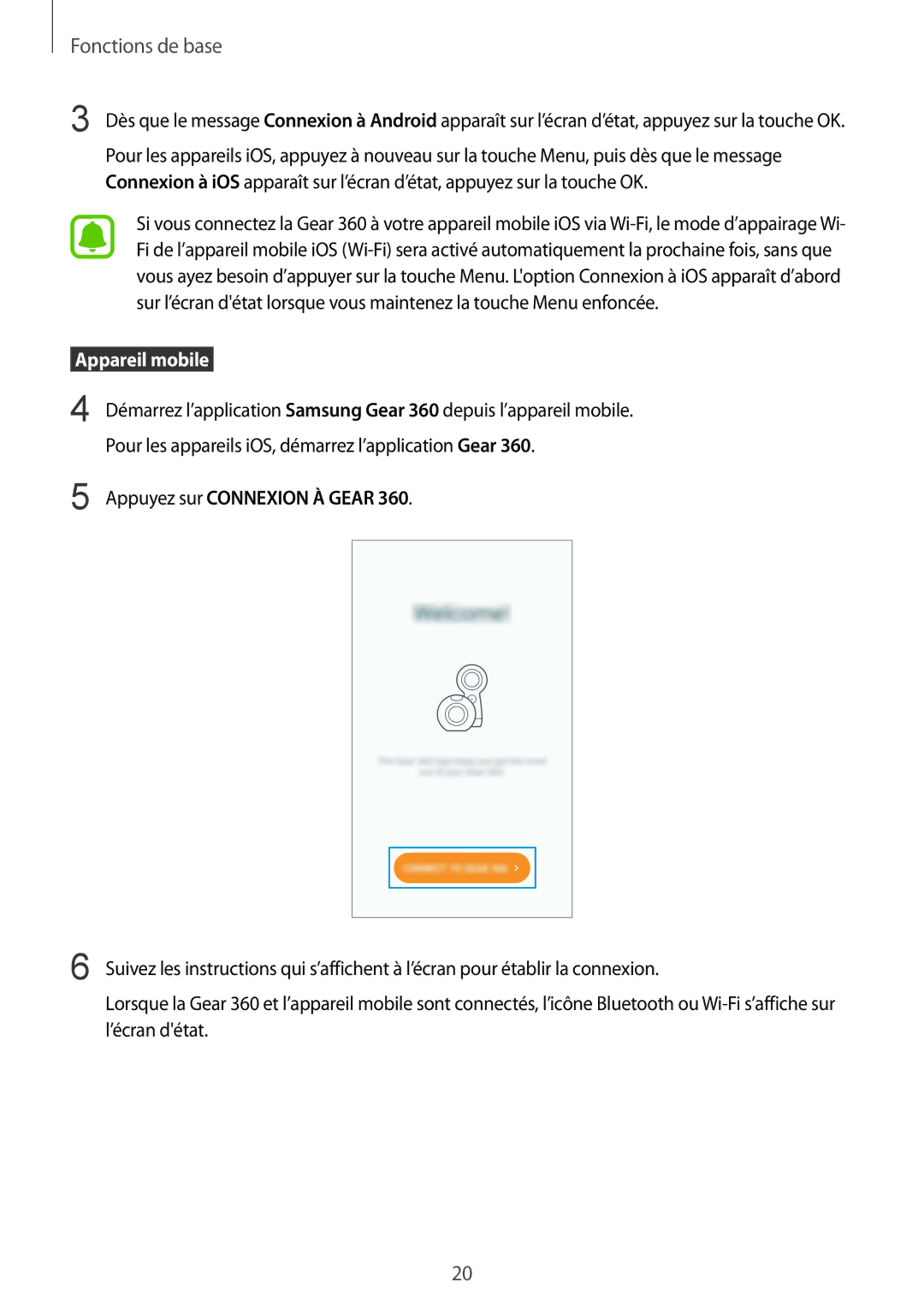Samsung SM-R210NZWAXEF manual  Appareil mobile , Appuyez sur Connexion À Gear 